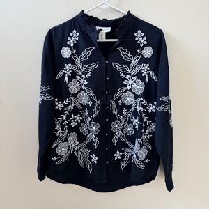 Calypso St. Barth Black Linen Blouse with White Floral Embroidery, Sz S